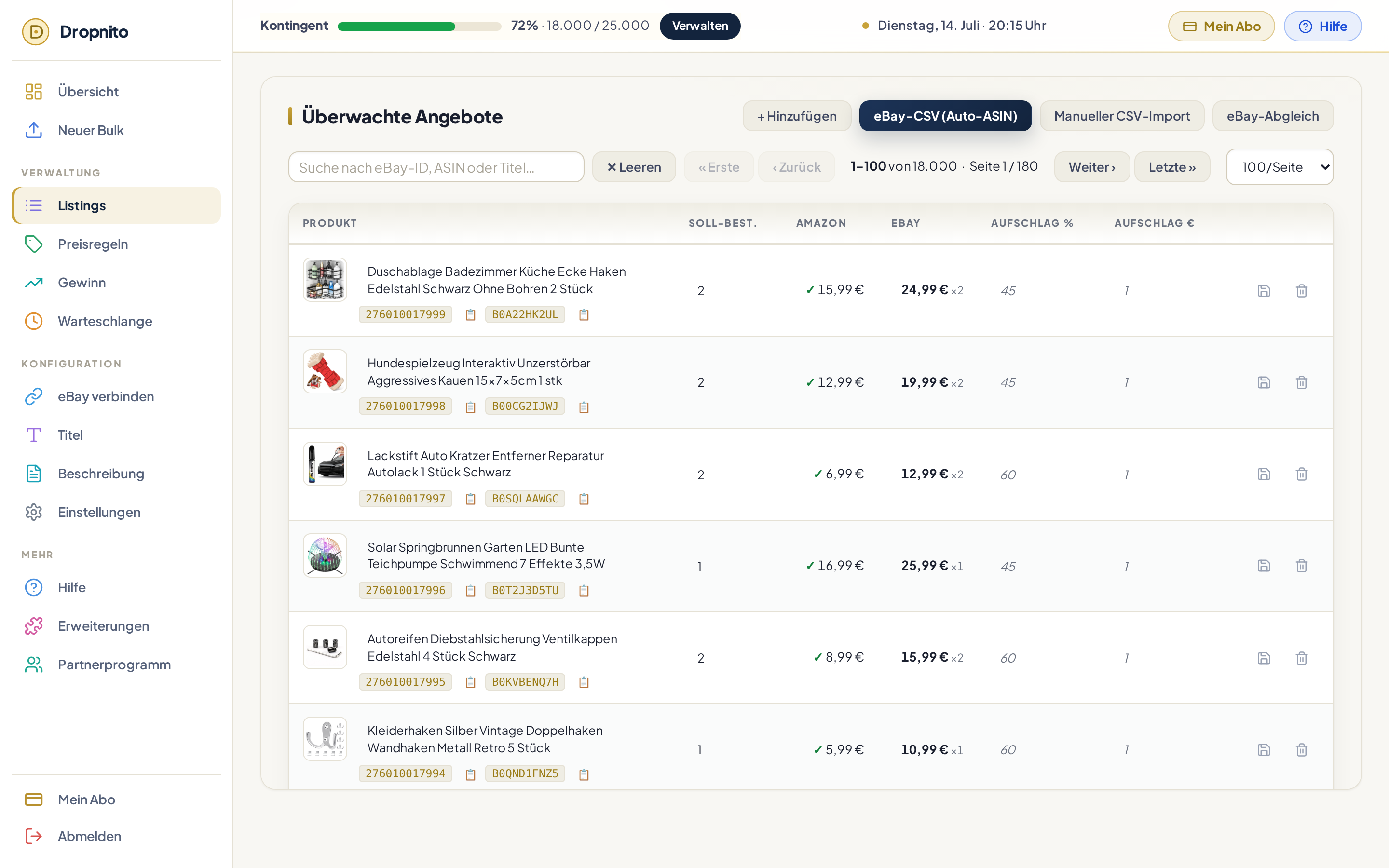 Dropnito Listings-Tab: überwachte Angebote mit Produktbildern, Amazon- und eBay-Preisen