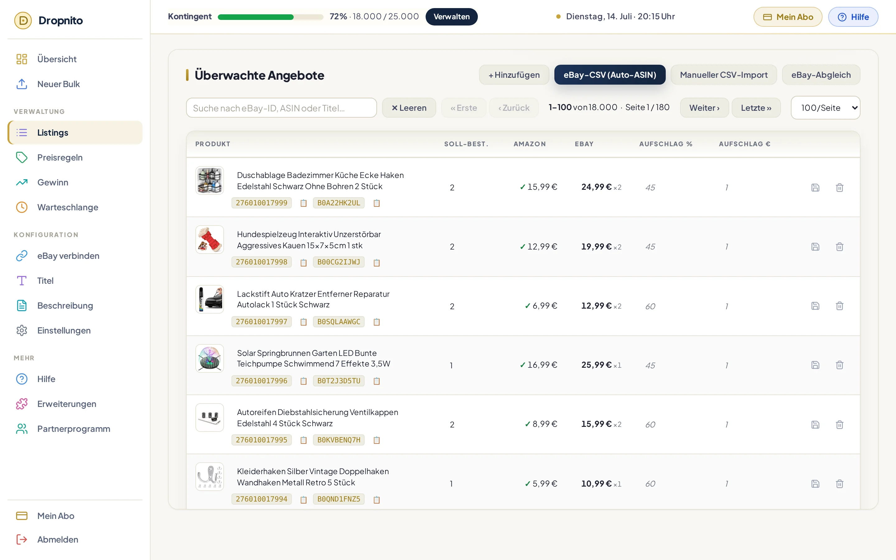 Dropnito Listings-Tab: überwachte Angebote mit Produktbildern, Amazon- und eBay-Preisen
