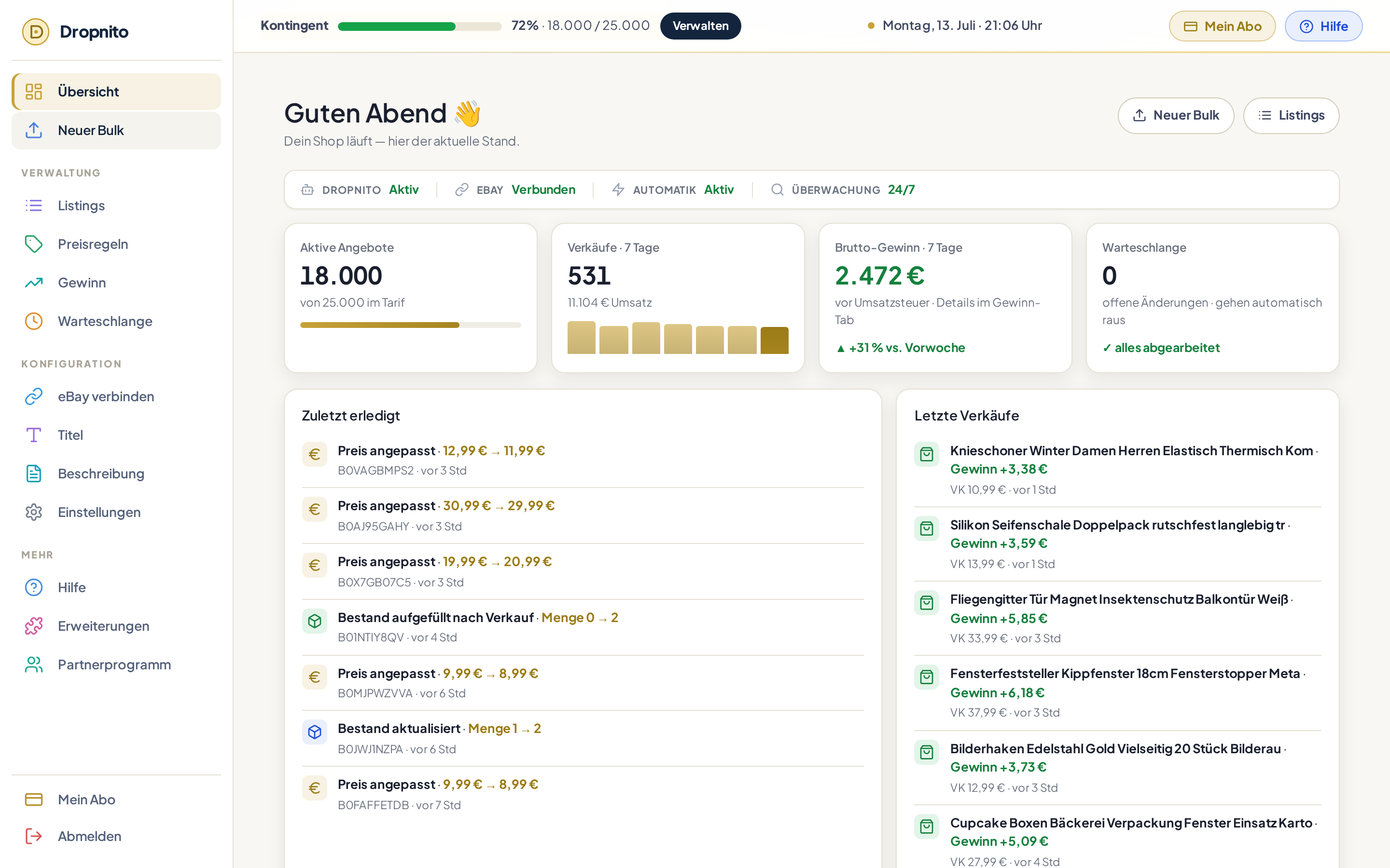 Dropnito-Dashboard: Übersicht mit aktiven Angeboten, Verkäufen und Gewinn der letzten 7 Tage