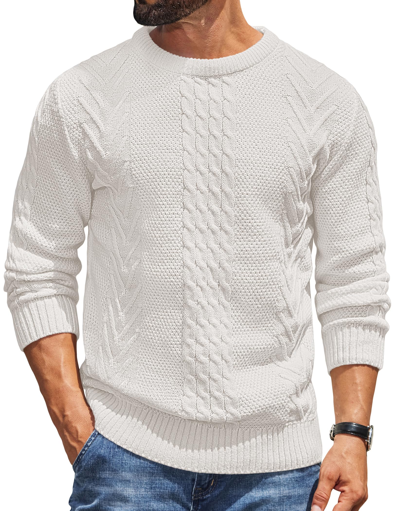 Herren Pullover Rundhals Strickpullover Zopfmuster Winter Warm Weiß L